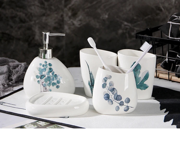 Green Nordic Ceramic Bathroom Set - Soap Dispenser, Toothbrush Holder, Tumbler & Soap Dish for Stylish Bathroom Organization