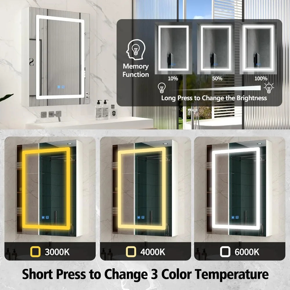 Medicine Cabinets for Bathroom, Medicine Cabinet Mirror, Lighted Medicine Cabinet with LED Lights, Adjustable Shelf, 3-Color