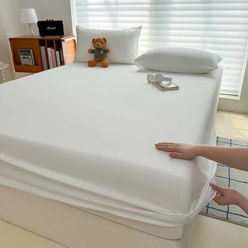 Solid  Colour Washed Fitted Sheet with Elastic Bands Non Slip Adjustable Mattress Cover for Single Double King Queen Bed
