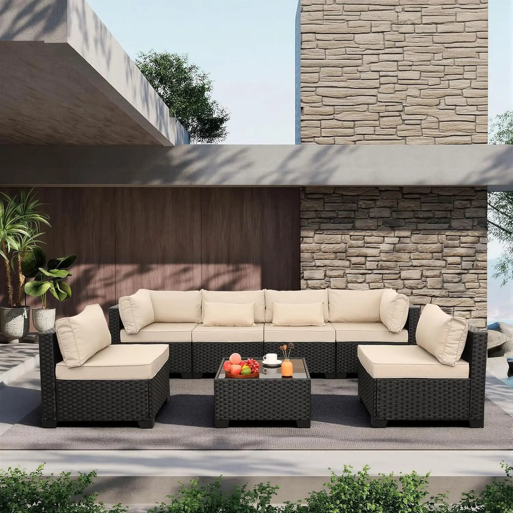 7 Pieces Outdoor PE Wicker Furniture Set Patio Rattan Sectional Conversation Sofa Set with Khaki Cushions and Glass Top T