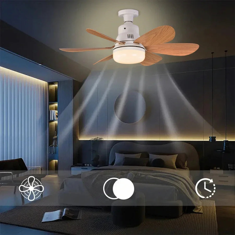 Socket Wood Grain Fan Light with Remote Control,Suitable for Living Room, Study, Household Use Ceiling Fan Light 6 Blades