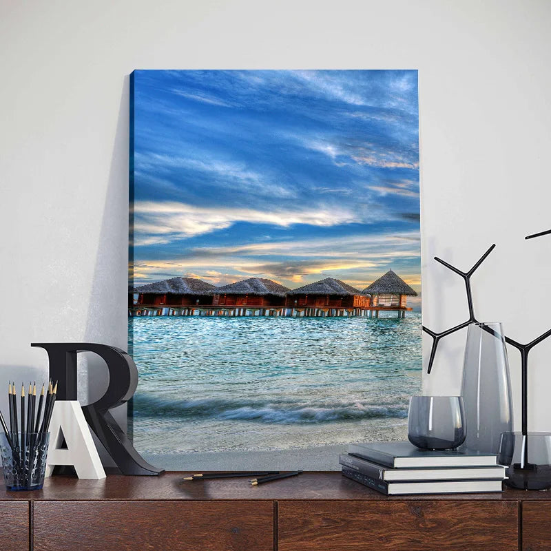 3pcs Framed Seaside Scenery Wall Art Canvas Painting Nordic Beach Sunset Print Poster Modern Living Room Home Decor Mural
