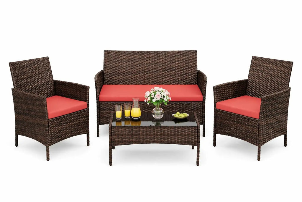4pcs Patio Furniture Set, 1 Glass Coffee Table And 3 Cushioned Chairs, Outdoor Furniture For Garden Balcony Backyard Poolside