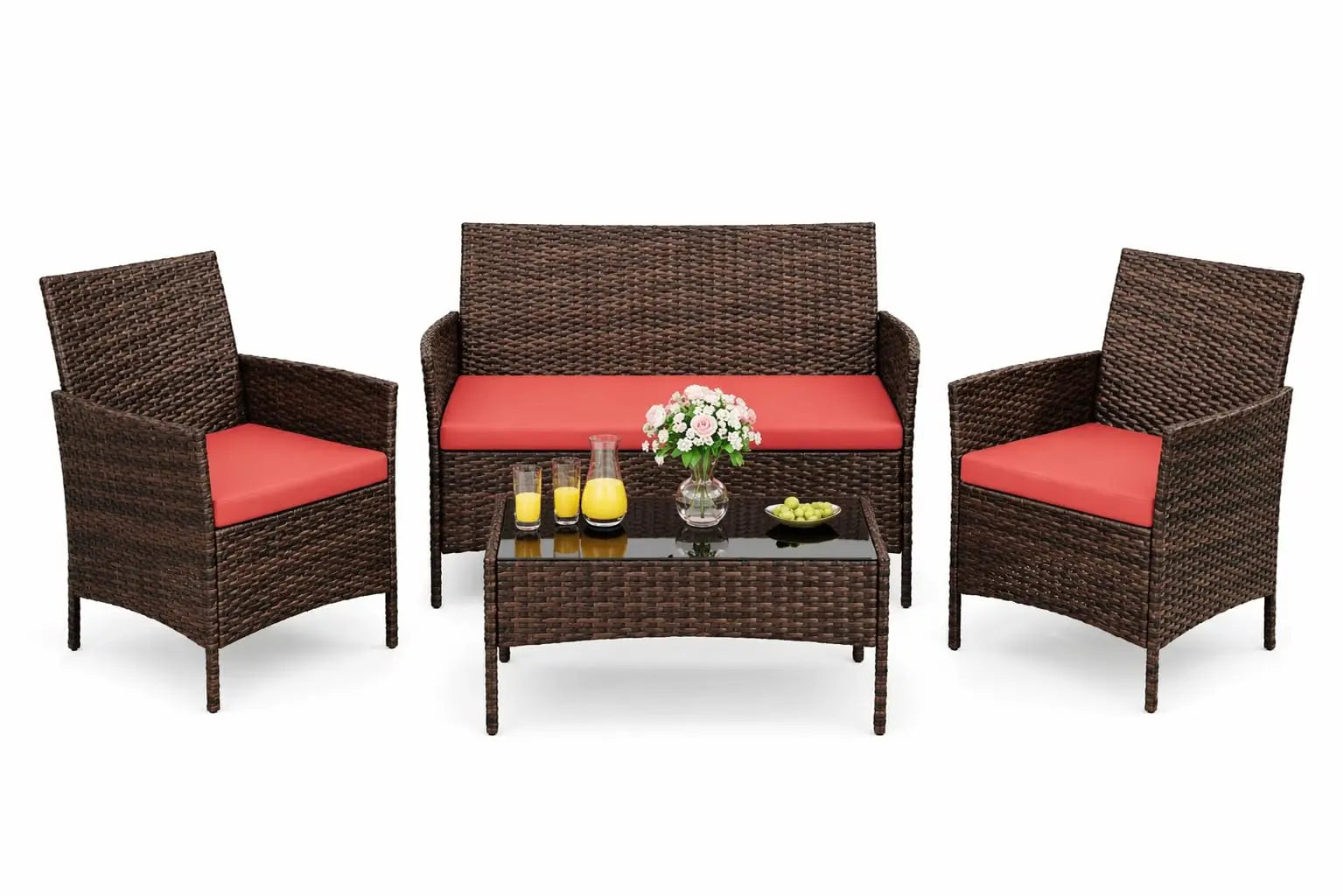 4pcs Patio Furniture Set, 1 Glass Coffee Table And 3 Cushioned Chairs, Outdoor Furniture For Garden Balcony Backyard Poolside