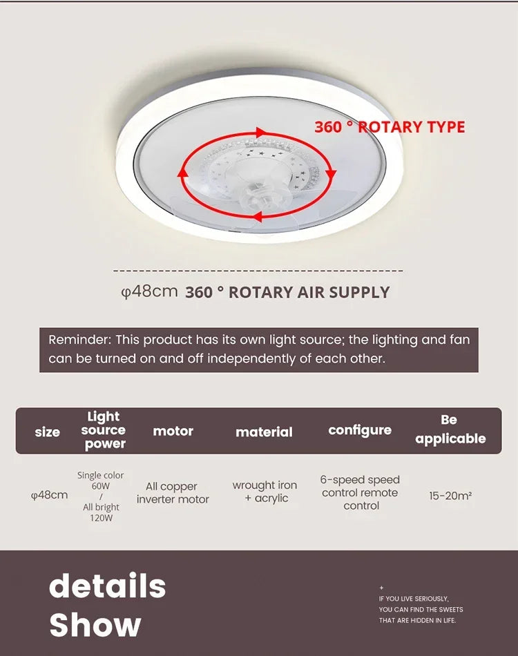 LED Modern Ceiling Fan Light, 360 ° Rotation Function, with Light, Remote Unlimited Adjustment, Bedroom Decorative Lighting