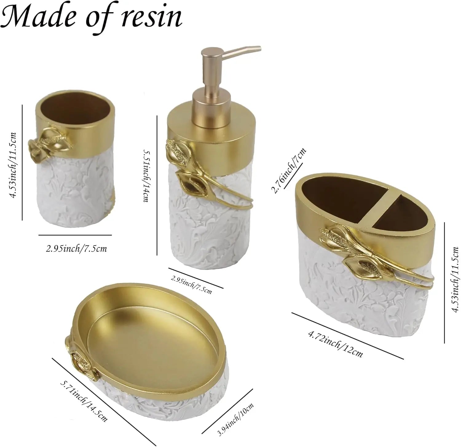 Golden Farmhouse Bathroom Decor Set, 4-Piece Resin Accessories with Toothbrush Holder and Soap Dispenser