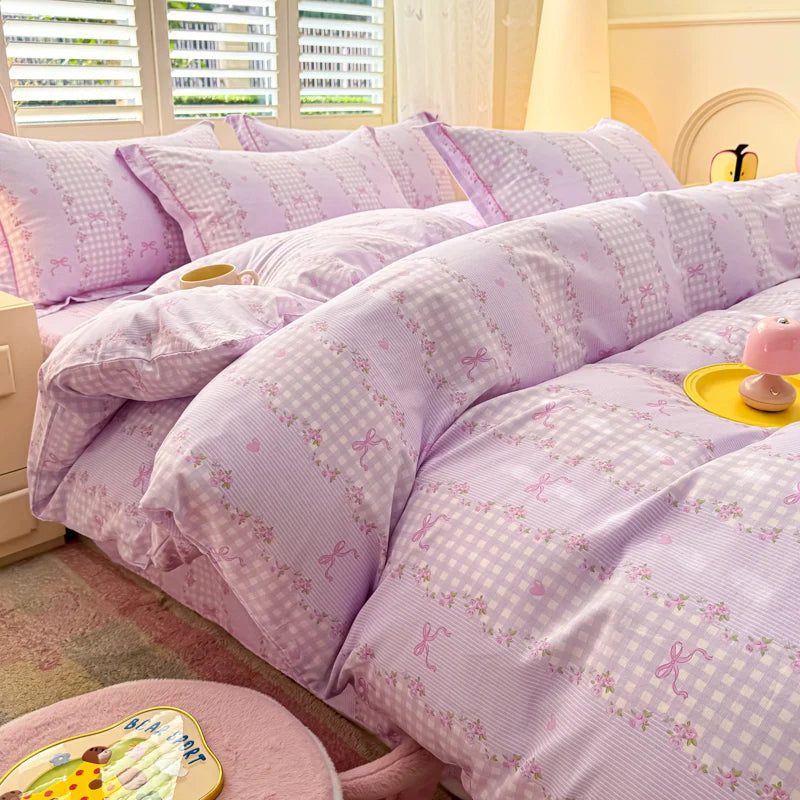 100% Cotton Lavender Print Duvet Cover Set 3-Piece (1 Duvet + 2 Pillowcases) - Breathable & Fade-Resistant, Bedding Set