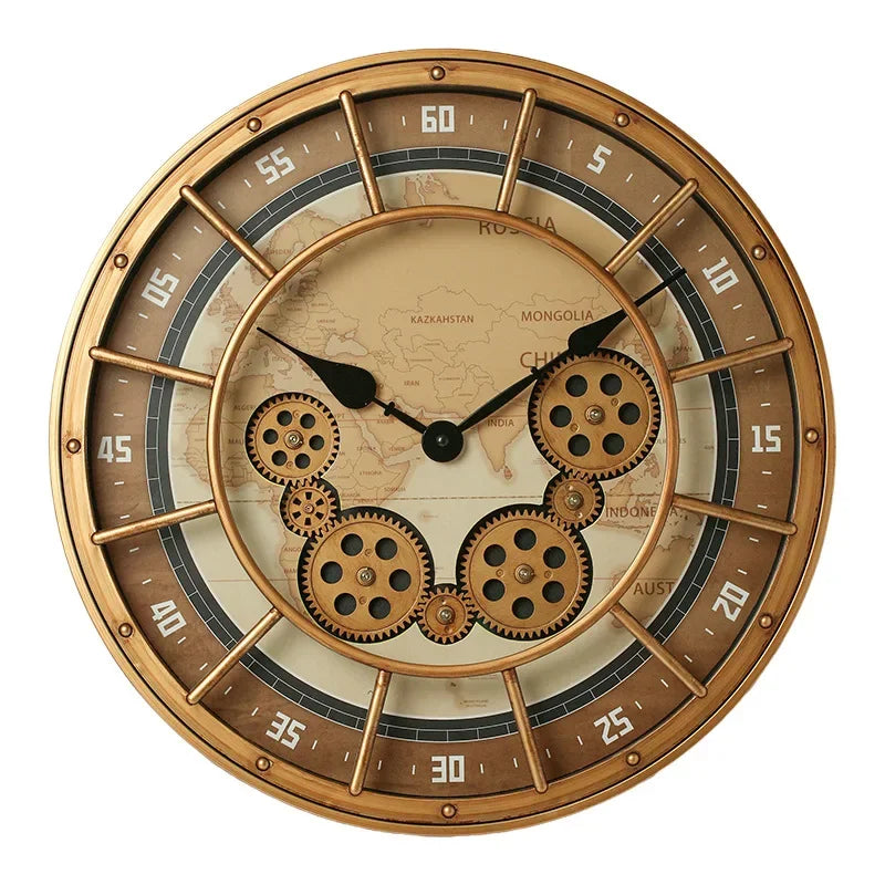 Retro Industrial Roman Wall Clock  Gear Rotation Clock Living Room Decorative Wall Clock Stylish Silent Wall Clock Quartz Clock