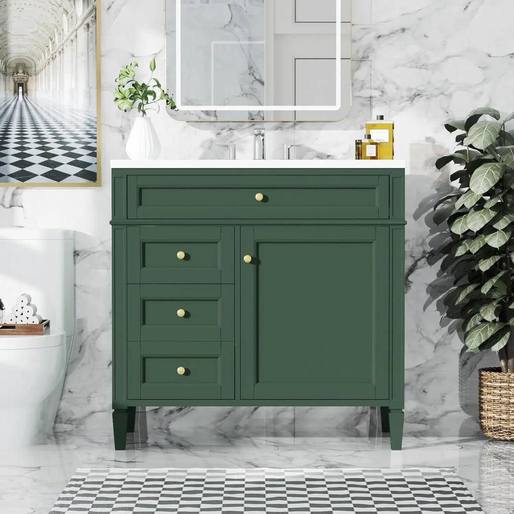 36in Solid Wood Bathroom Vanity with Soft-Close Doors & Tip-Out Drawer Undermount Sink Cabinet Green Customized