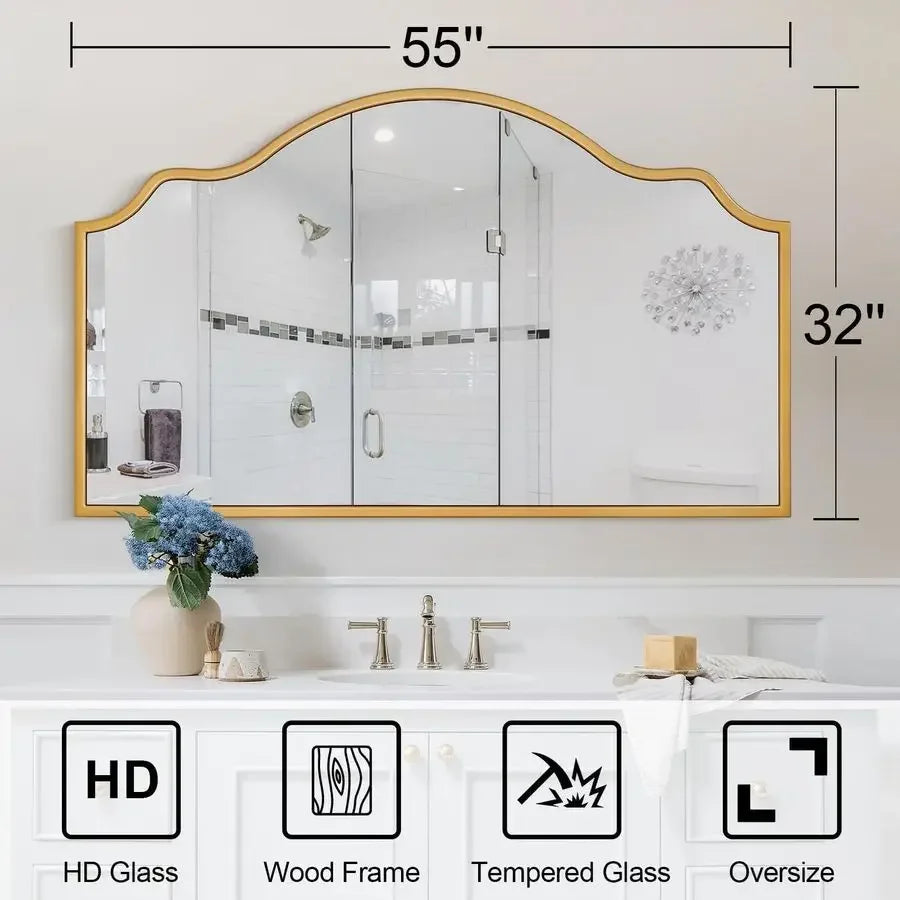 Wide Arched Mirror, 55x32 Large Gold Mirrors for Wall Decor Mantel Fireplace, Modern Scalloped Mirror for Dining Room, Entryway