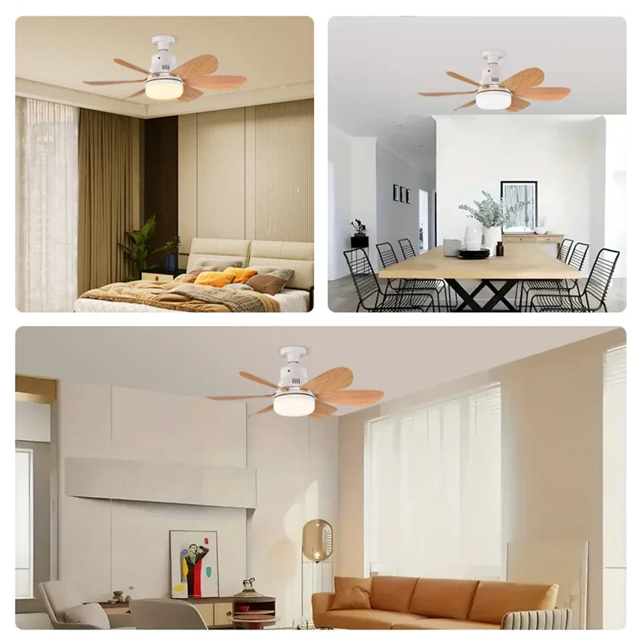 Socket Wood Grain Fan Light with Remote Control,Suitable for Living Room, Study, Household Use Ceiling Fan Light 6 Blades