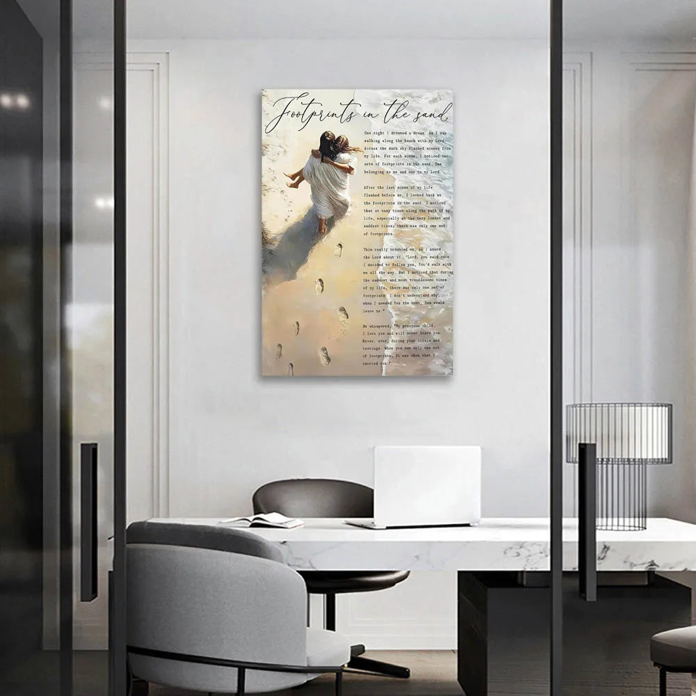Framed Jesus Holding Woman Wall Art Jesus Footprints in The Sand Canvas Painting Print Christian Inspirational Quotes Poster