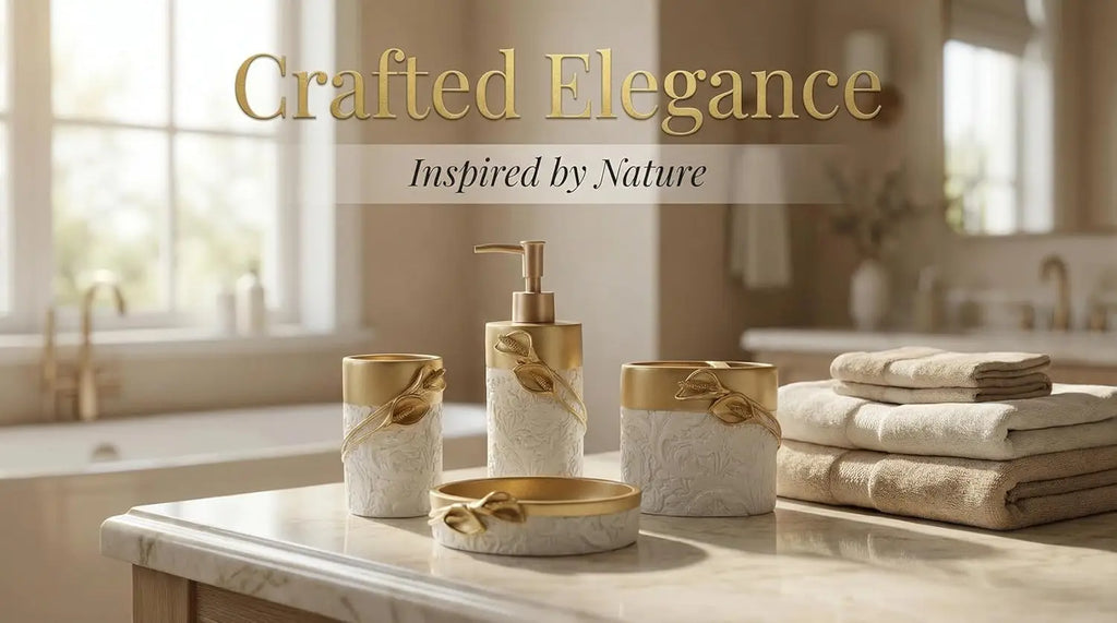 Golden Farmhouse Bathroom Decor Set, 4-Piece Resin Accessories with Toothbrush Holder and Soap Dispenser
