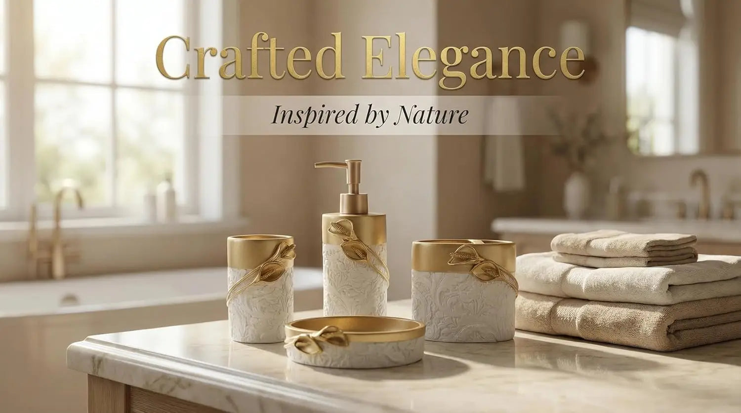 Golden Farmhouse Bathroom Decor Set, 4-Piece Resin Accessories with Toothbrush Holder and Soap Dispenser