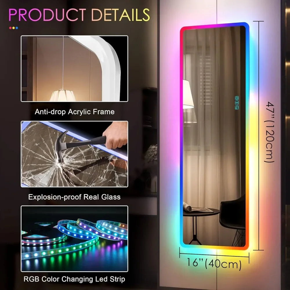 LED RGB Lighted Full Length Wall Mirror, Over Door Hanging Mirror, Full Body Mirror with Lights, 14 Length, Ideal for Home and S