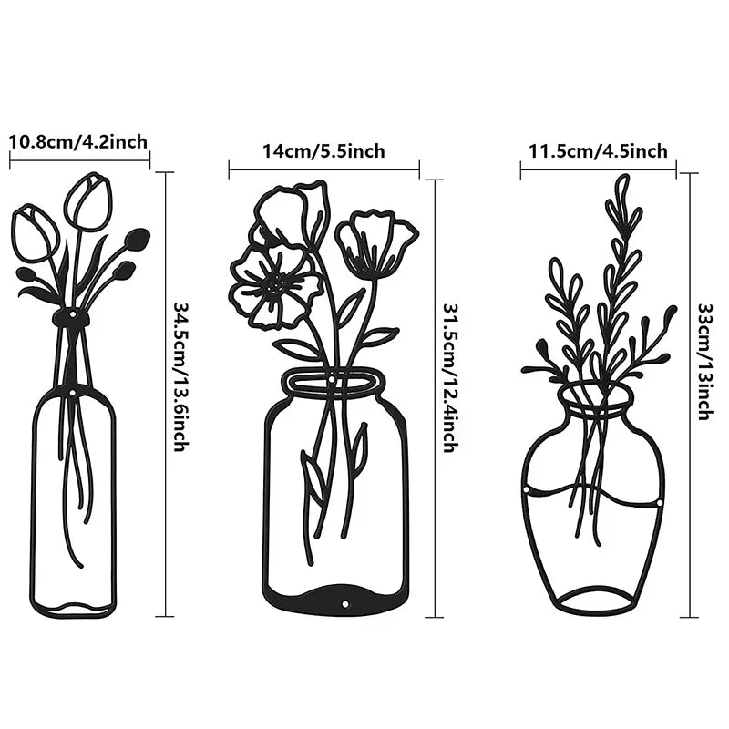 "Uniquely Elegant: Metal Tulip Wall Decor, 3-Piece Black Iron Wire Sculpture for Kitchen & Bathroom Makeover