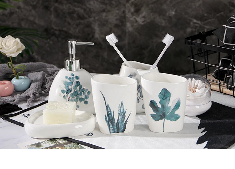 Green Nordic Ceramic Bathroom Set - Soap Dispenser, Toothbrush Holder, Tumbler & Soap Dish for Stylish Bathroom Organization