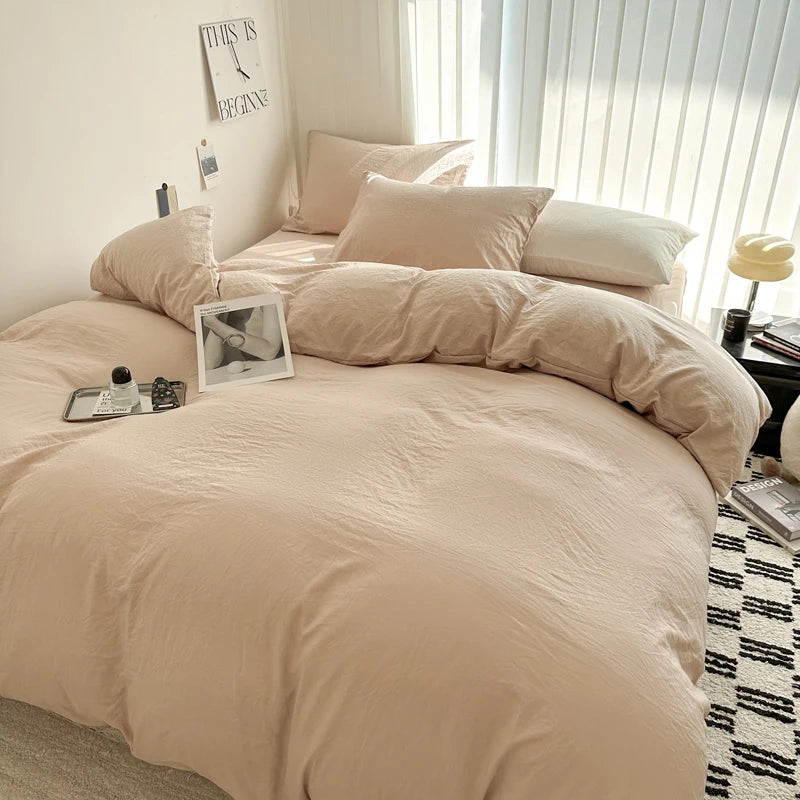 Solid Bed Linen Cotton Bedding Set with Sheet Duvet Cover Pillowcase Single Couple Bedsheet King Queen Double Twin Size