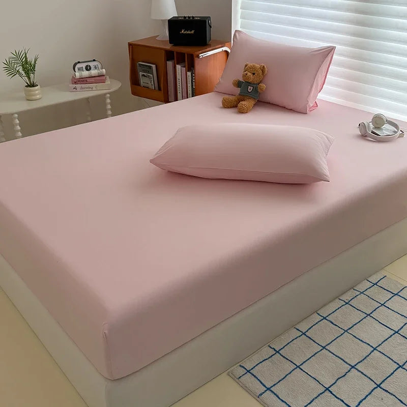 Solid  Colour Washed Fitted Sheet with Elastic Bands Non Slip Adjustable Mattress Cover for Single Double King Queen Bed