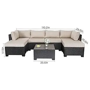 7 Pieces Outdoor PE Wicker Furniture Set Patio Rattan Sectional Conversation Sofa Set with Khaki Cushions and Glass Top T