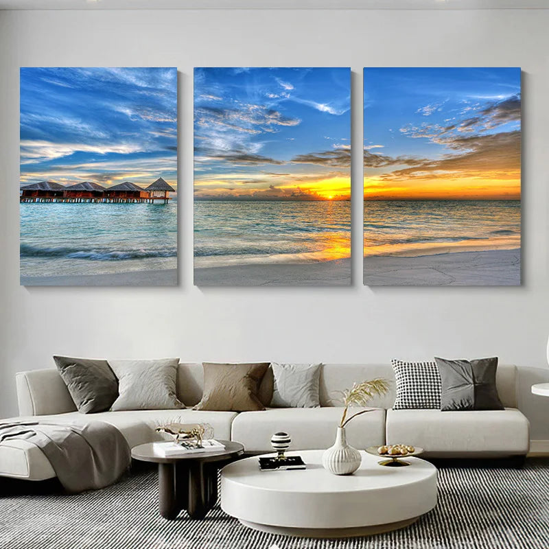 3pcs Framed Seaside Scenery Wall Art Canvas Painting Nordic Beach Sunset Print Poster Modern Living Room Home Decor Mural