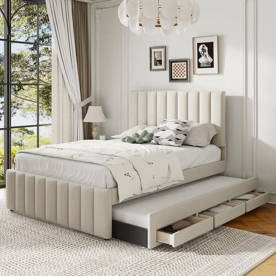 Harper Bright Designs Full Size Bed with PullOut Trundle and 3 Storage Drawers Underneath, Linen Upholstered Full Platform Bed