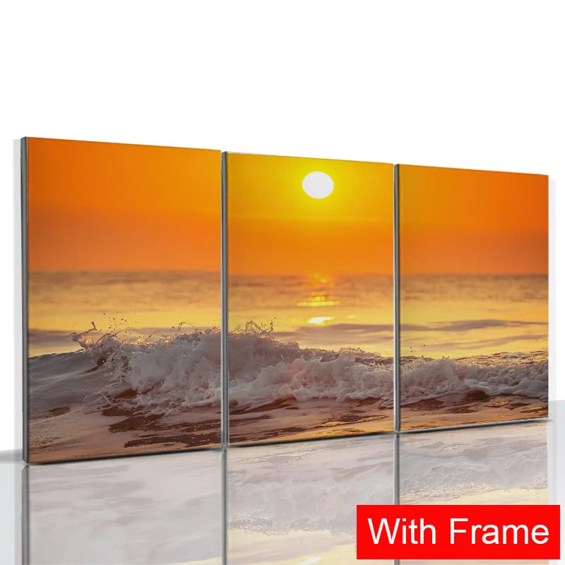 3pcs Framed Seaside Scenery Wall Art Canvas Painting Nordic Beach Sunset Print Poster Modern Living Room Home Decor Mural