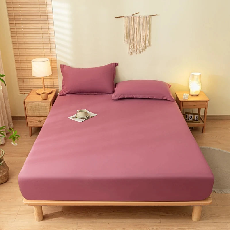 Solid Color Brushed Fitted Bed Sheet Set with 2 Pillowcases Soft Comfortable Non Slip Mattress Protector Cover for Single Double