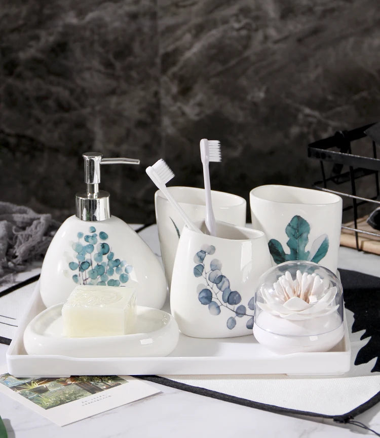 Green Nordic Ceramic Bathroom Set - Soap Dispenser, Toothbrush Holder, Tumbler & Soap Dish for Stylish Bathroom Organization