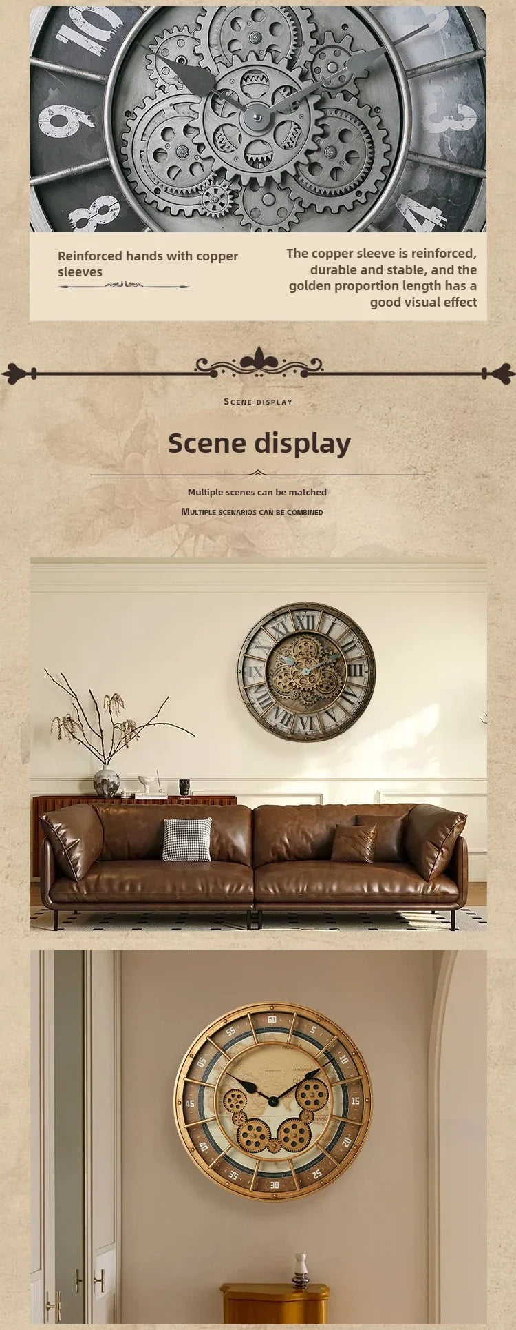 Retro Industrial Roman Wall Clock  Gear Rotation Clock Living Room Decorative Wall Clock Stylish Silent Wall Clock Quartz Clock