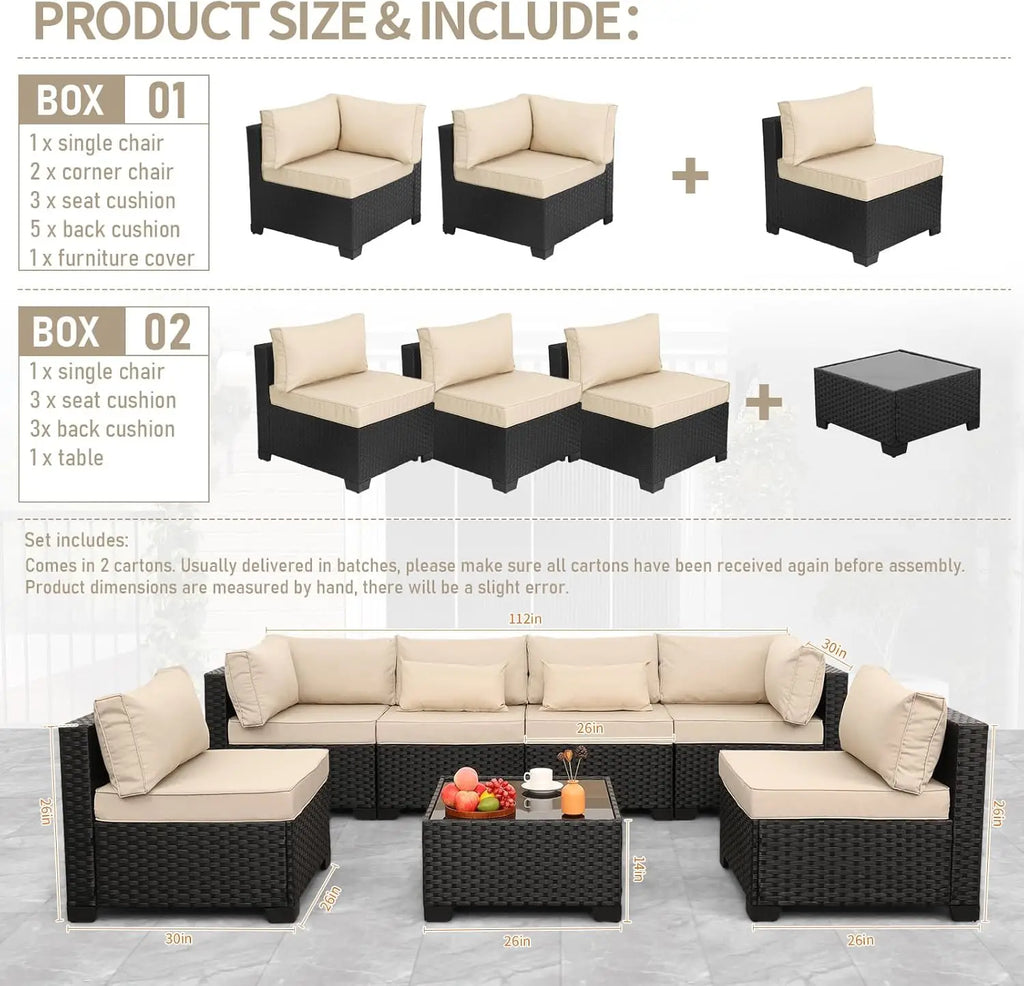 7 Pieces Outdoor PE Wicker Furniture Set Patio Rattan Sectional Conversation Sofa Set with Khaki Cushions and Glass Top T
