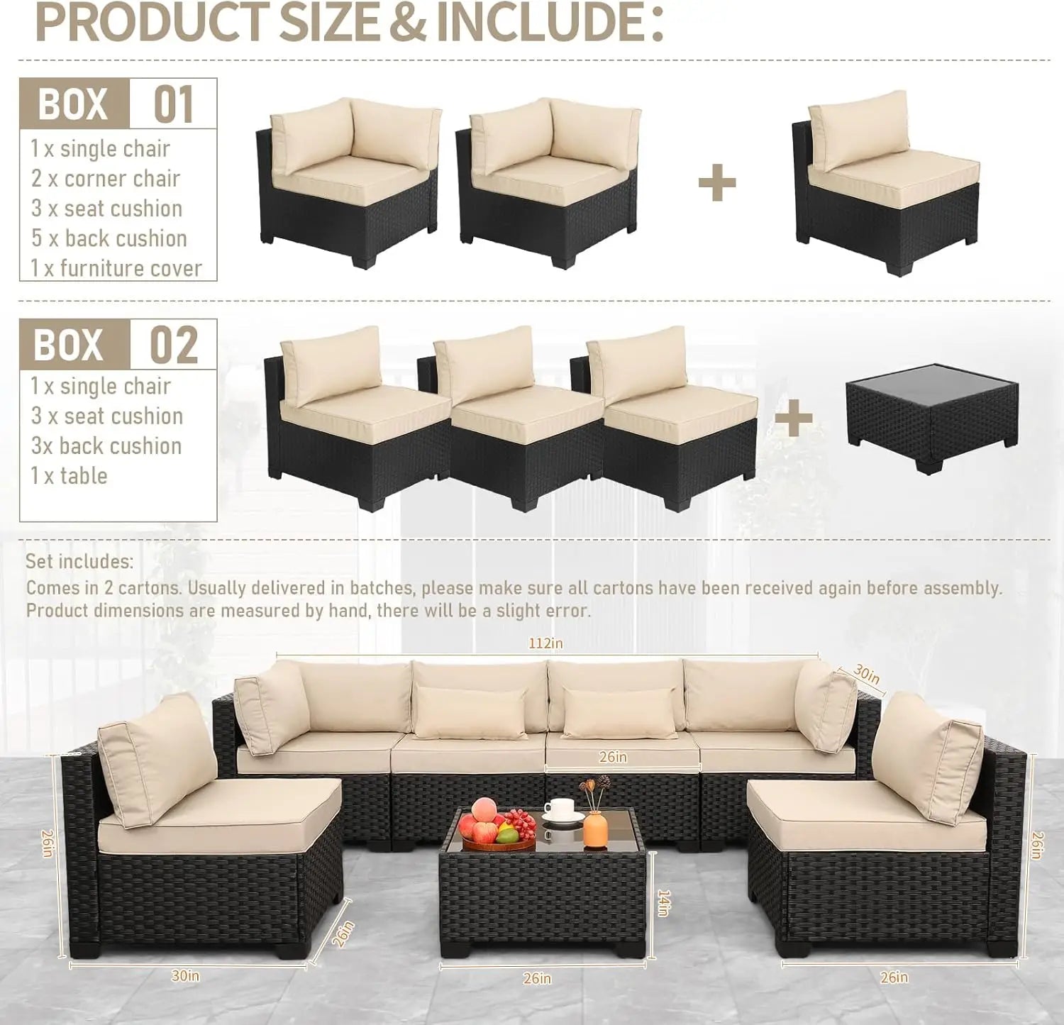 7 Pieces Outdoor PE Wicker Furniture Set Patio Rattan Sectional Conversation Sofa Set with Khaki Cushions and Glass Top T