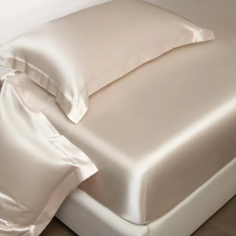 3 pcs High End 100% Mulberry Silk Bed Sheet Set with Pillowcase Luxury Solid Color Silk Fitted Sheet Soft Smooth Satin Bed Linen