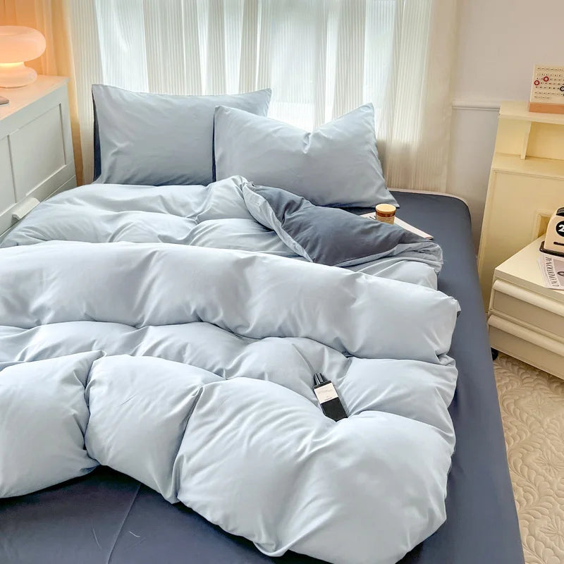 2-side Solid Color Brush Fabric Bed Set 4 Pieces Duvet Cover Pillowcase Bedding Set Bed Sheet Quilt Cover Single Queen King Size