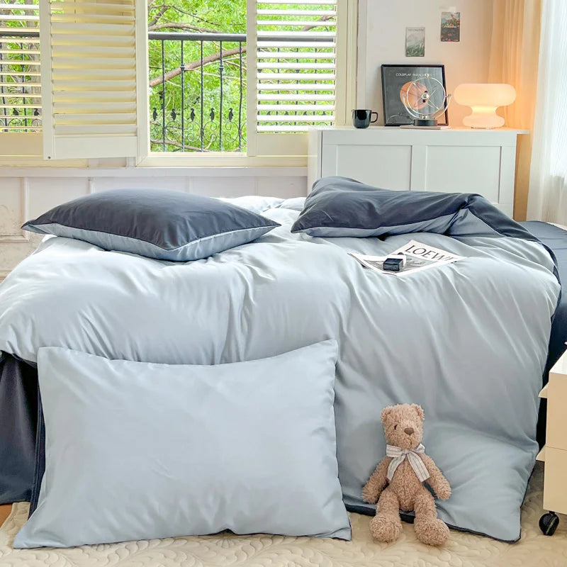 2-side Solid Color Brush Fabric Bed Set 4 Pieces Duvet Cover Pillowcase Bedding Set Bed Sheet Quilt Cover Single Queen King Size