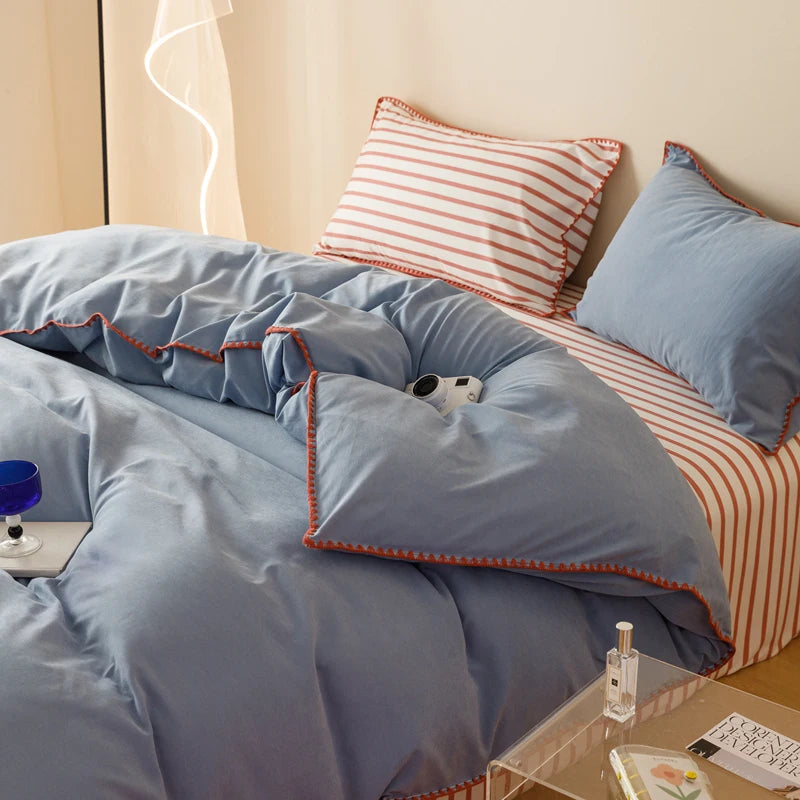 Blue Protein Durable Washed Cotton Bedding Set Striped Color Block Shell Embroidery Comforter Cover with Standard Pillowcases