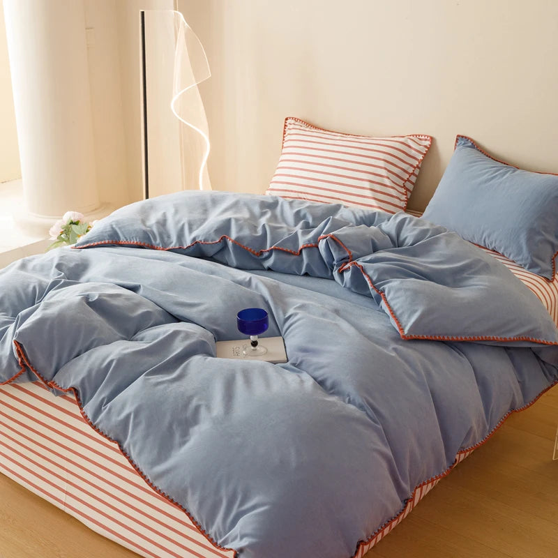 Blue Protein Durable Washed Cotton Bedding Set Striped Color Block Shell Embroidery Comforter Cover with Standard Pillowcases