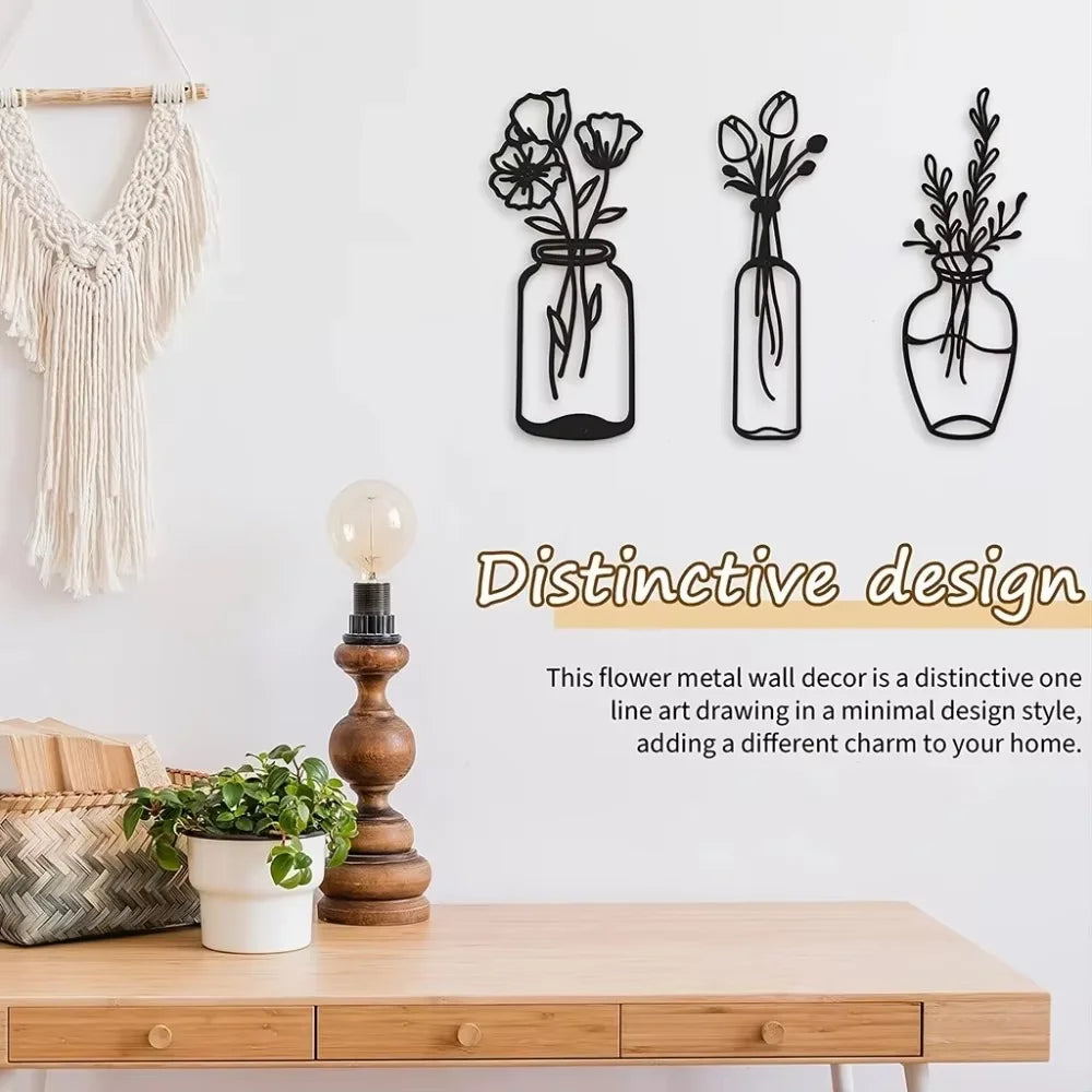"Uniquely Elegant: Metal Tulip Wall Decor, 3-Piece Black Iron Wire Sculpture for Kitchen & Bathroom Makeover