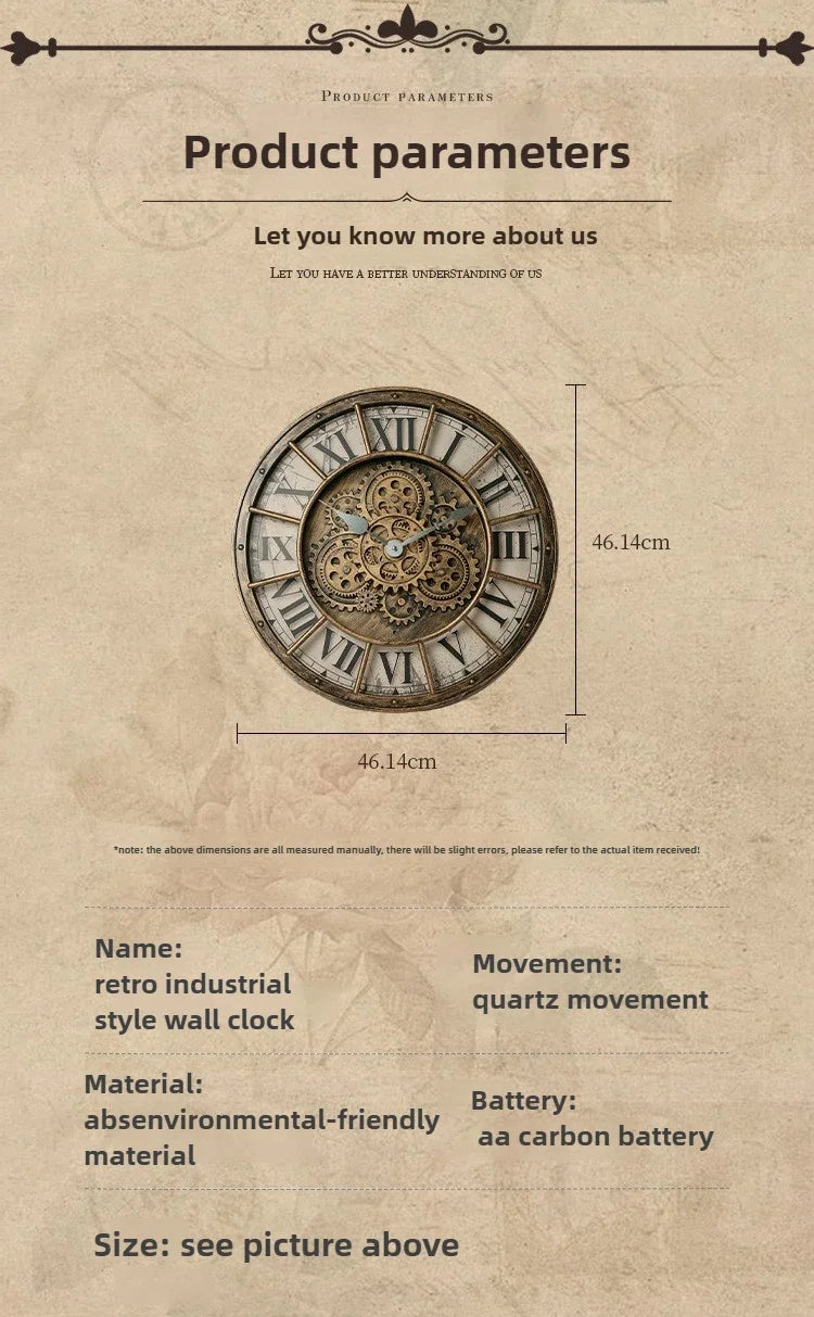 Retro Industrial Roman Wall Clock  Gear Rotation Clock Living Room Decorative Wall Clock Stylish Silent Wall Clock Quartz Clock