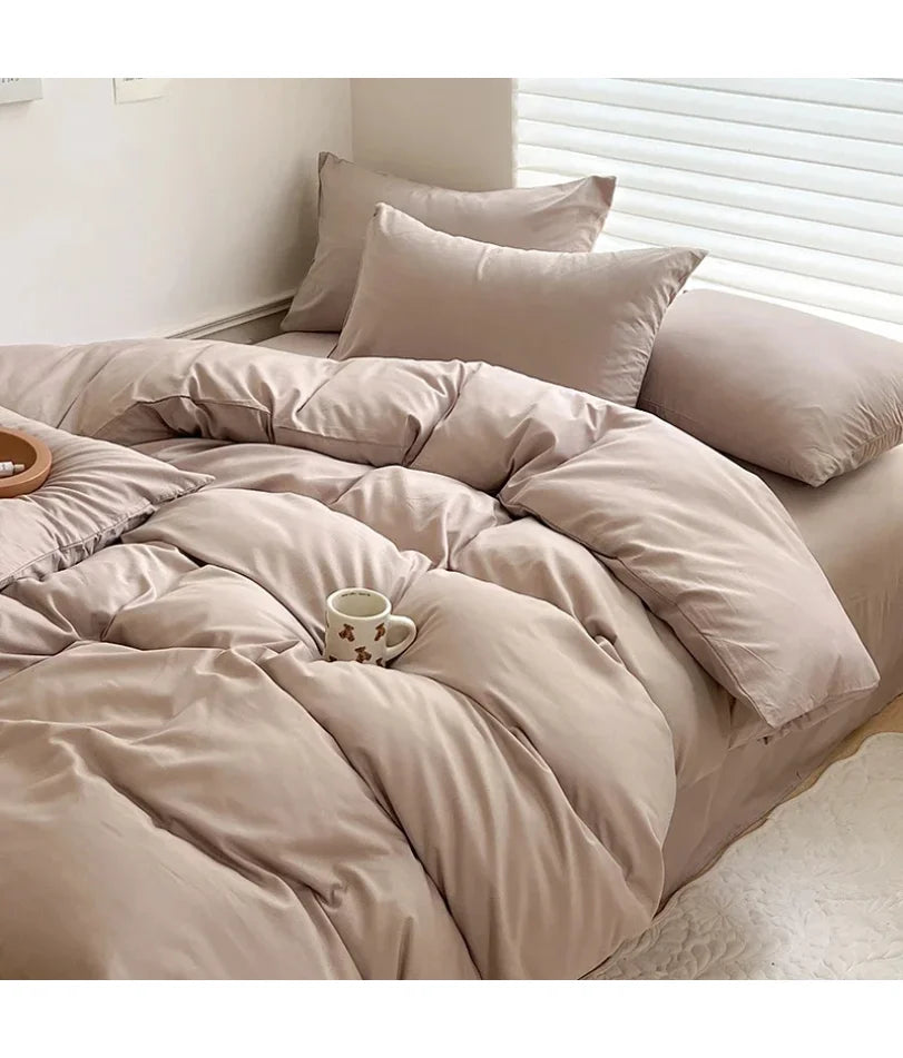 Solid Bed Linen Cotton Bedding Set with Sheet Duvet Cover Pillowcase Single Couple Bedsheet King Queen Double Twin Size