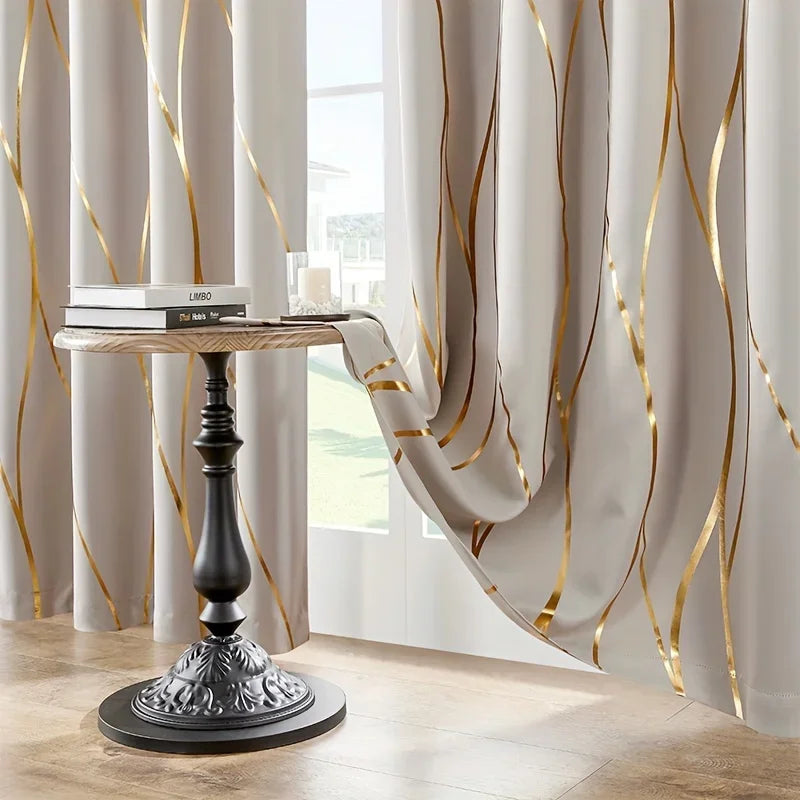2Pcs Golden Wave &Circle Blackout Curtains Thermal Insulated Light Filtering Drapes with Grommet Top  Living Room Bedroom