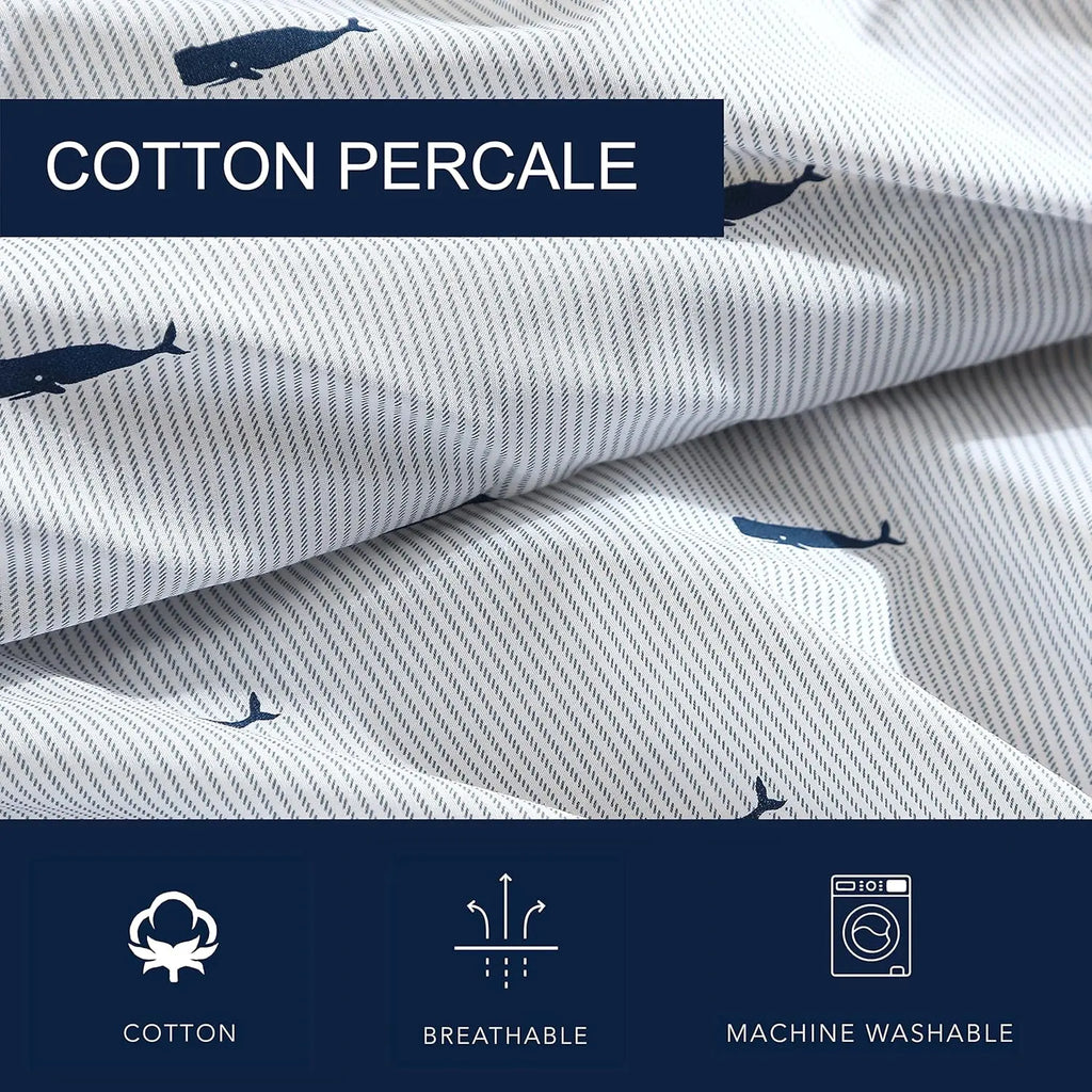 Full Size Cotton Percale Sheet Sets, Crisp & Cool Bedding in Whale Stripe Blue for Coastal Home Decor