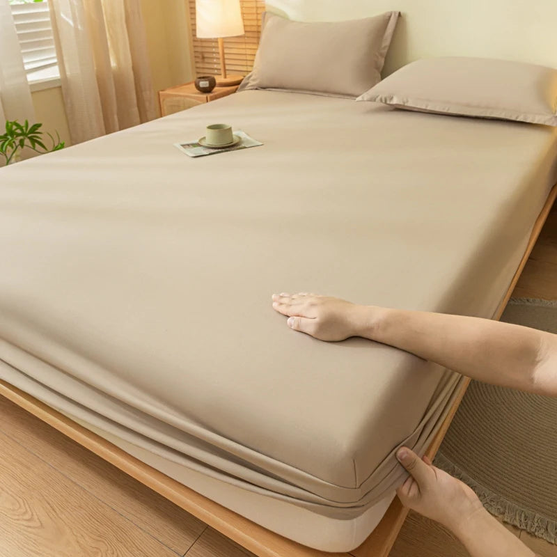 Solid Color Brushed Fitted Bed Sheet Set with 2 Pillowcases Soft Comfortable Non Slip Mattress Protector Cover for Single Double