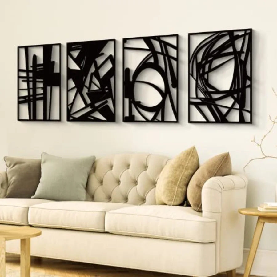 Gtivity 4 Pack Black Abstract Metal Wall Art malist Décor Single Line Art Wall Décor 3D Textured Metal Wall Sculptures for Livi