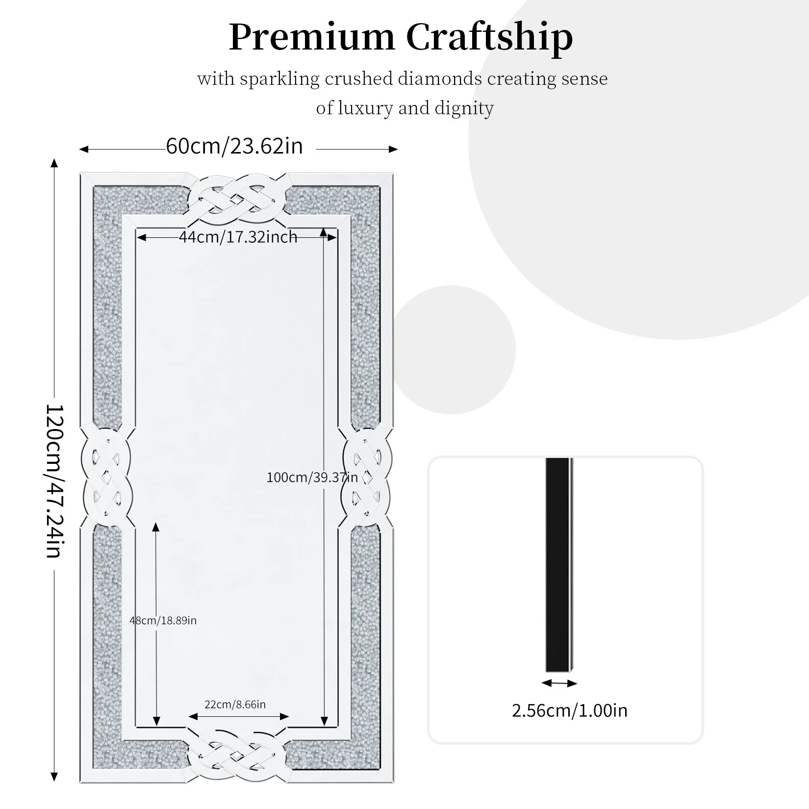 90/100/120CM Large Crystal Crush Diamond Mirror Vanity Silver Decorative Wall Hang Mirror for Bedroom Hallway Living Room