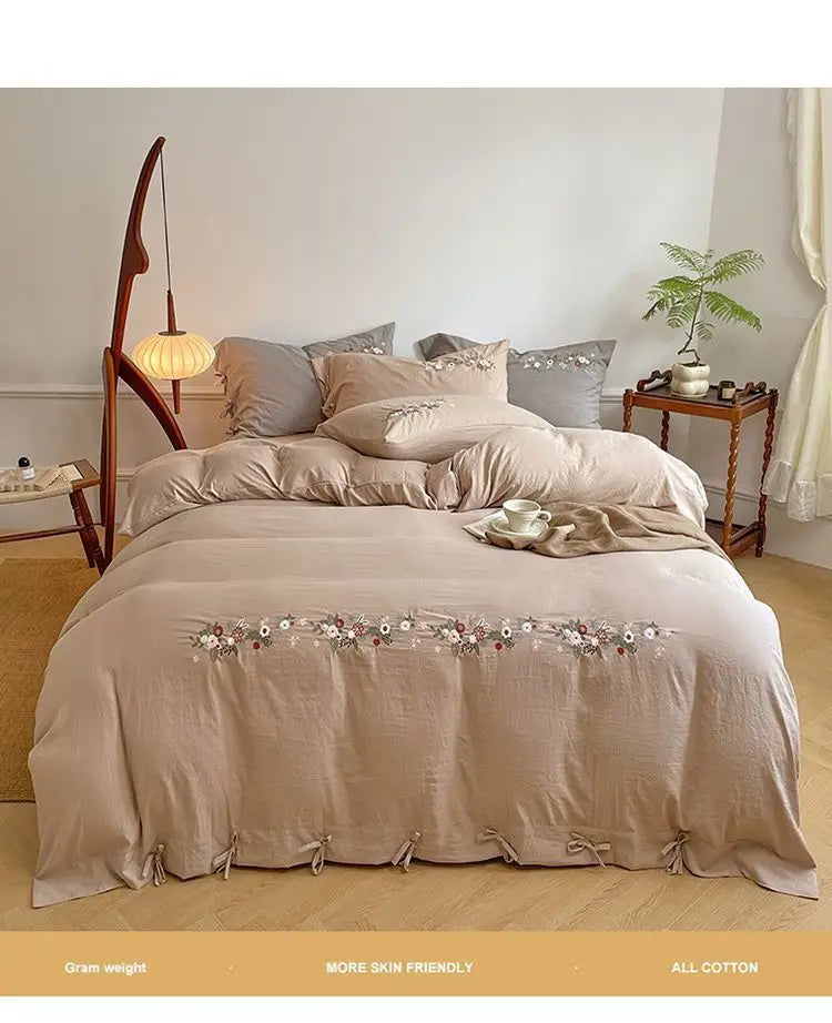 New Chinese embroidery washed cotton soft quilt cover bed sheet four-piece set