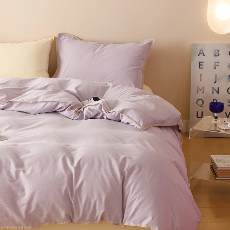 Purple Blue Bedding Set Protein Durable Washed Cotton Color Block Shell Embroidery Comforter Cover Full Size with Pillowcases
