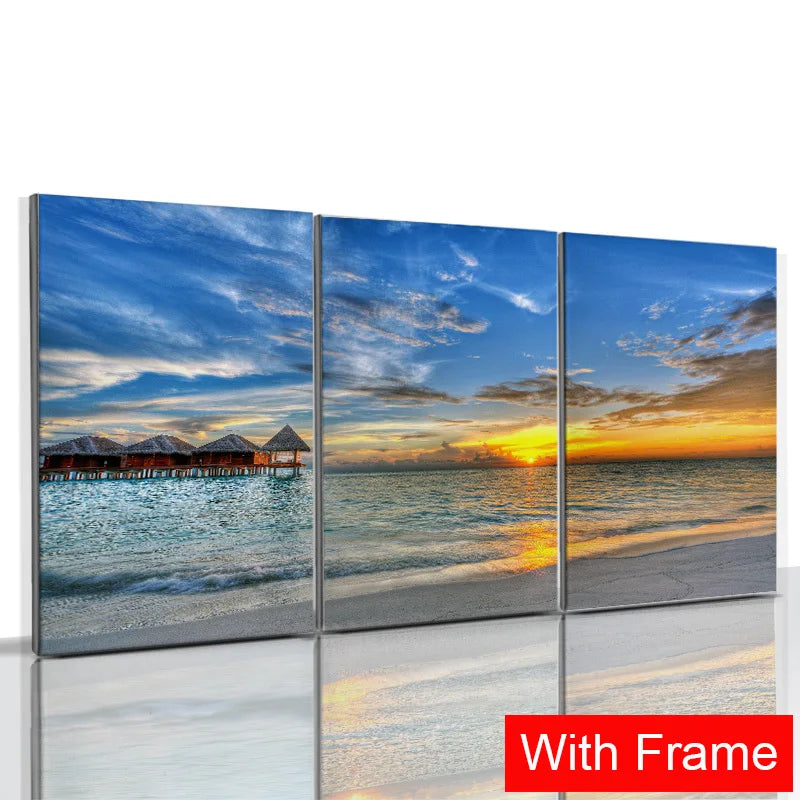 3pcs Framed Seaside Scenery Wall Art Canvas Painting Nordic Beach Sunset Print Poster Modern Living Room Home Decor Mural