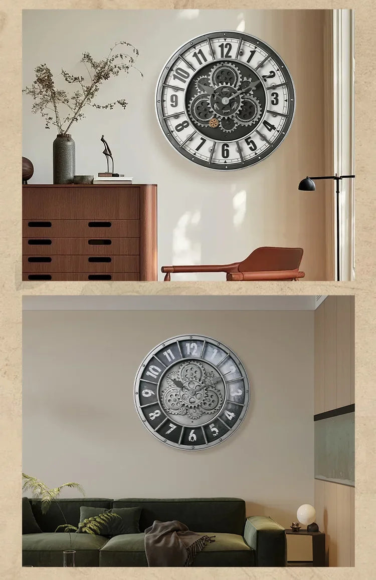 Retro Industrial Roman Wall Clock  Gear Rotation Clock Living Room Decorative Wall Clock Stylish Silent Wall Clock Quartz Clock