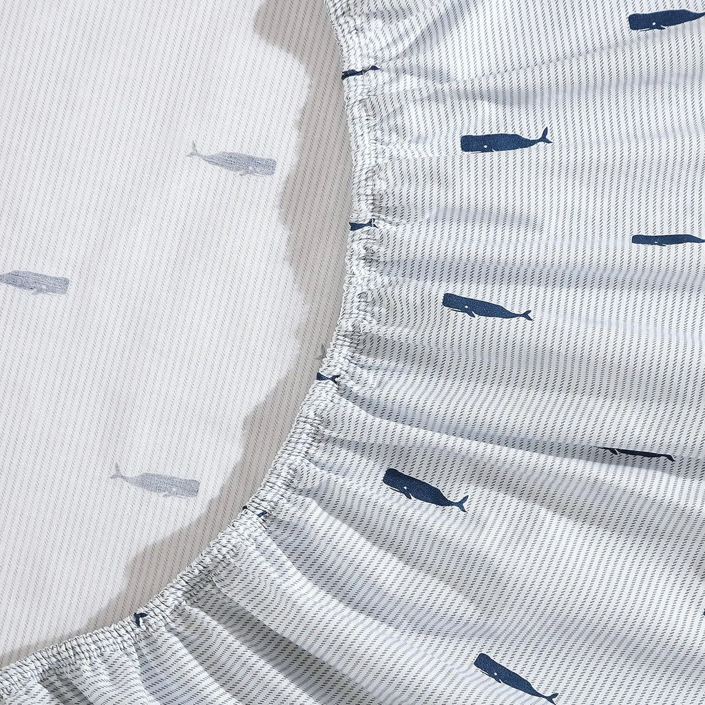 Full Size Cotton Percale Sheet Sets, Crisp & Cool Bedding in Whale Stripe Blue for Coastal Home Decor
